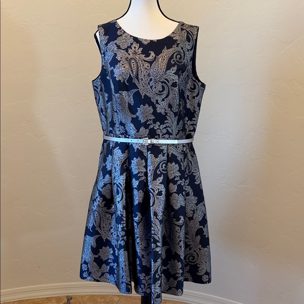 Tommy Hilfiger Navy Paisley Midi Dress with Silver Belt